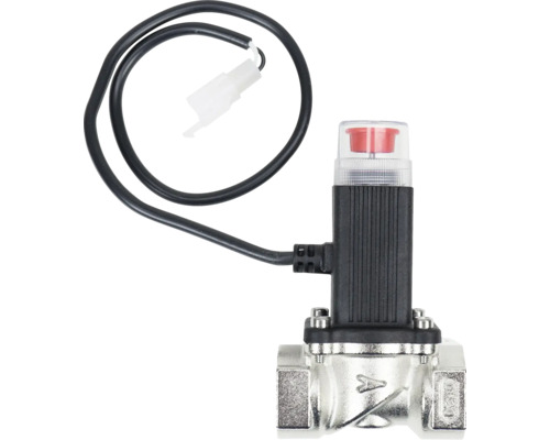 Electrovantila de gaz cu carcasă din plastic negru, corp metalic argintiu și cablu de conectare cu fișă albă.