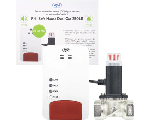 Set senzor monoxid de carbon și gaze naturale PNI Safe House Dual Gas 250LR cu electrovalvă de 3/4 inch și buton de testare. Logo PNI.