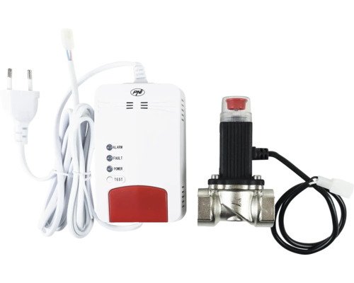 Set detector de gaz PNI cu unitate de detecție, Logo PNI, indicatori de stare, buton de test și electrovalvă metalică cu cablu de conectare.