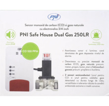 Detector de gaz și monoxid de carbon PNI Safe House Dual Gas 250LR cu electrovalvă de trei pătrimi de inch, alarmă sonoră și indicator LED.