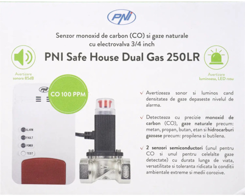 Detector de gaz și monoxid de carbon PNI Safe House Dual Gas 250LR cu electrovalvă de trei pătrimi de inch, alarmă sonoră și indicator LED.