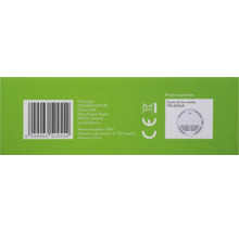 Detaliu ambalaj cu cod de bare, marcaj de conformitate europeană, simbol pentru colectarea deșeurilor electrice și date pentru senzor de fum wireless.