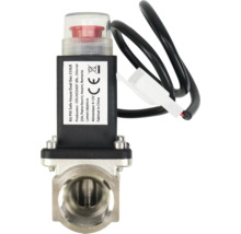 Electrovalvă de gaz cu resetare manuală sub un capac transparent și cablu de conectare negru.