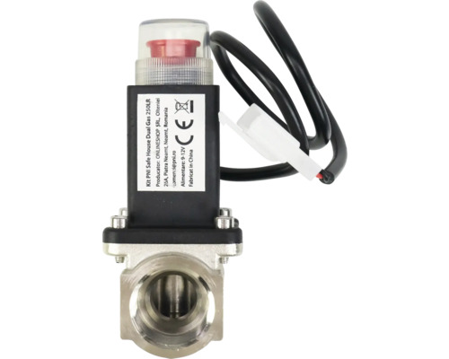 Electrovalvă de gaz cu resetare manuală sub un capac transparent și cablu de conectare negru.