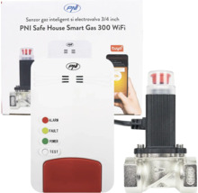 Kit senzor de gaz inteligent PNI Safe House Smart Gas 300 WiFi cu electrovalvă de trei pătrimi inch și indicatoare de stare.