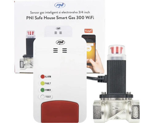 Kit senzor de gaz inteligent PNI Safe House Smart Gas 300 WiFi cu electrovalvă de trei pătrimi inch și indicatoare de stare.