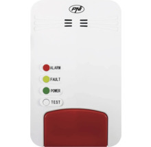 Detector de gaz cu PNI Logo, indicatoare luminoase pentru alarmă, eroare și alimentare, și un buton de testare.