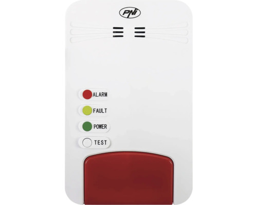 Detector de gaz cu PNI Logo, indicatoare luminoase pentru alarmă, eroare și alimentare, și un buton de testare.