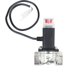 Electrovantila cu corp metalic, actionare neagra, indicator de functionare rosu si cablu de conectare cu mufa alba.