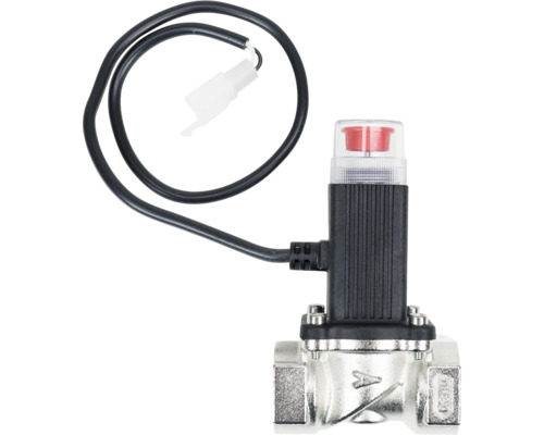 Electrovantila cu corp metalic, actionare neagra, indicator de functionare rosu si cablu de conectare cu mufa alba.