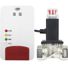 Set detector de gaz PNI cu unitate albă, logo PNI, indicatoare de stare pentru funcționare, defect și alarmă, plus o electrovalvă metalică.