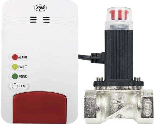 Set detector de gaz PNI cu unitate albă, logo PNI, indicatoare de stare pentru funcționare, defect și alarmă, plus o electrovalvă metalică.