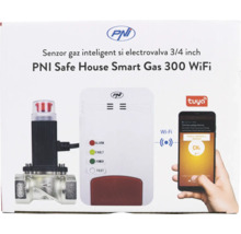 Senzor de gaz inteligent PNI Safe House Smart Gas 300 WiFi cu electrovalvă 3/4 inch și control prin aplicație. PNI Logo. Tuya Logo.