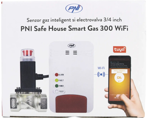 Senzor de gaz inteligent PNI Safe House Smart Gas 300 WiFi cu electrovalvă 3/4 inch și control prin aplicație. PNI Logo. Tuya Logo.