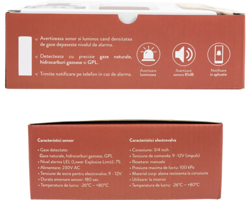 Ambalaj detector de gaz cu electrovalvă, detalii despre alarma vizuală și sonoră de 85 decibeli, notificări în aplicație și date tehnice.