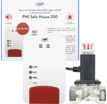 Detector de monoxid de carbon și gaze naturale PNI Safe House 250 cu electrovalvă de trei pătrimi inch și indicatori de stare.