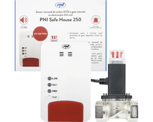 Detector de monoxid de carbon și gaze naturale PNI Safe House 250 cu electrovalvă de trei pătrimi inch și indicatori de stare.
