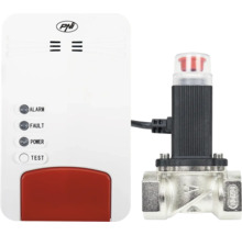 Kit detector de gaz cu unitate de control albă și electrovalvă DN20. PNI Logo. Indicatori de stare pentru alarmă, eroare și alimentare.
