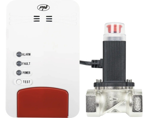 Kit detector de gaz cu unitate de control albă și electrovalvă DN20. PNI Logo. Indicatori de stare pentru alarmă, eroare și alimentare.