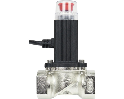 Actuator electrotermic pe un corp de supapă din metal, diametru nominal 20, cu carcasă neagră și indicator de poziție roșu.
