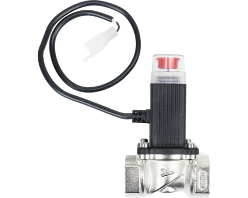 Electrovantila cu corp din metal, cap de acționare negru, indicator de poziție roșu și cablu de conectare cu mufă.