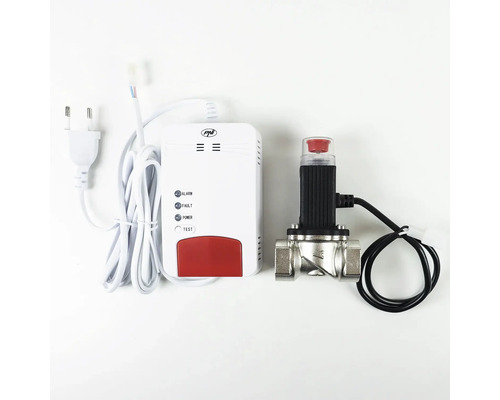 Set detector de gaz PNI cu PNI Logo format dintr o unitate de alarmă albă cu indicatoare și o electrovalvă metalică cu cablu negru.