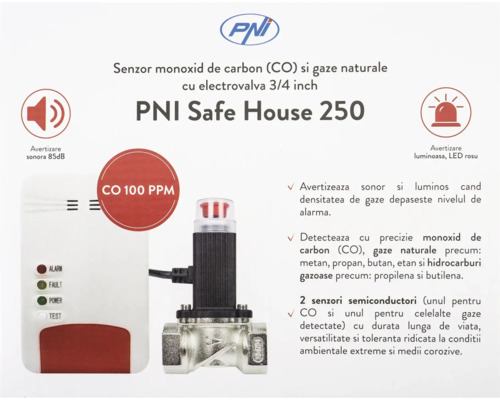 Senzor monoxid de carbon și gaze naturale PNI Safe House 250 inclusiv electrovalvă 3/4 inch cu avertizare sonoră și luminoasă.