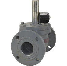 Electrovantă cu flanșe din metal gri și acționare electrică.