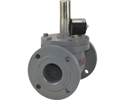 Electrovantă cu flanșe din metal gri și acționare electrică.