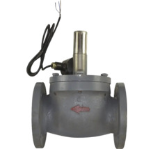 Electrovantulă cu racord cu flanșă din metal cu cablu de conectare și săgeată pentru direcția fluxului.