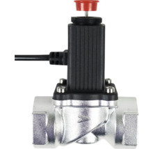 Electrovantila cu carcasă metalică argintie, parte superioară din plastic negru, cablu de conectare electrică și buton de reglare roșu.