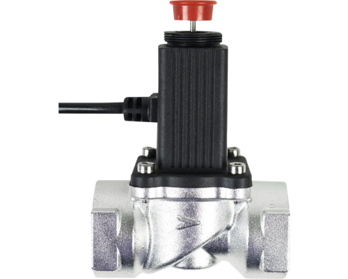 Electrovantila cu carcasă metalică argintie, parte superioară din plastic negru, cablu de conectare electrică și buton de reglare roșu.