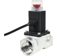 Electrovantila pentru gaz cu corp metalic, bobină neagră, buton roșu sub capac transparent și cablu de alimentare negru.