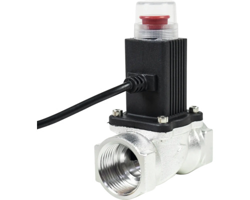 Electrovantila pentru gaz cu corp metalic, bobină neagră, buton roșu sub capac transparent și cablu de alimentare negru.