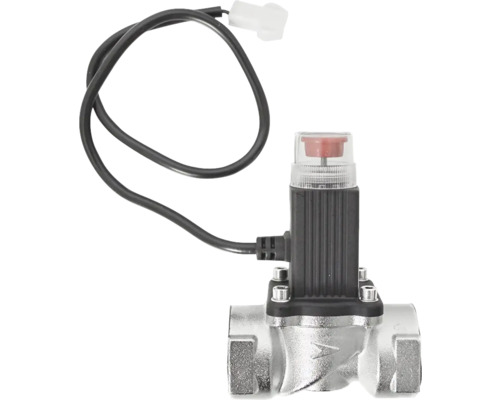 Servomotor termic cu corp de ventil din metal, carcasă din plastic negru și cablu de conectare cu mufă.