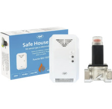 Kit senzor de gaz PNI Safe House cu detector alb incluzând PNI Logo, o electrovalvă metalică și ambalajul.