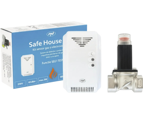 Kit senzor de gaz PNI Safe House cu detector alb incluzând PNI Logo, o electrovalvă metalică și ambalajul.