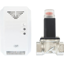 Set detector de gaz PNI cu detector alb inclusiv PNI Logo și o electrovalvă metalică cu carcasă neagră.