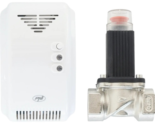 Set detector de gaz PNI cu detector alb inclusiv PNI Logo și o electrovalvă metalică cu carcasă neagră.
