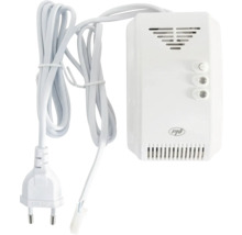 Detector de gaz PNI alb cu ștecher de alimentare, cablu senzor, fante de ventilație și indicatoare luminoase.