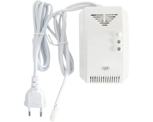 Detector de gaz PNI alb cu ștecher de alimentare, cablu senzor, fante de ventilație și indicatoare luminoase.