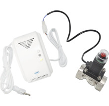 Kit detector de gaz cu senzor de gaz alb, cablu de alimentare și electrovalvă argintie, PNI Logo.