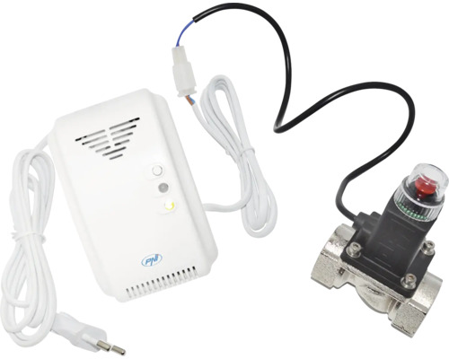 Kit detector de gaz cu senzor de gaz alb, cablu de alimentare și electrovalvă argintie, PNI Logo.