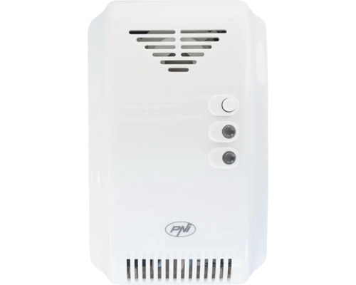 Detector de gaz PNI alb cu buton de test, indicatoare luminoase, fante de ventilație și PNI Logo.