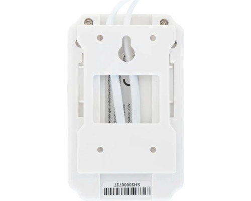 Partea din spate a unei carcase din plastic alb pentru senzor de gaz cu suport de montare, cablu și etichetă cu cod de bare.