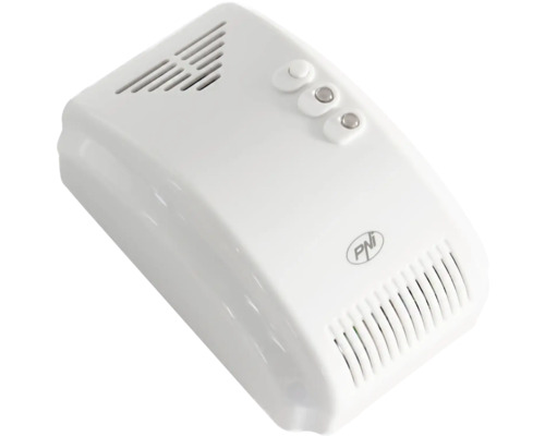 Detector de gaz PNI din plastic cu fante de ventilație și trei indicatoare luminoase.