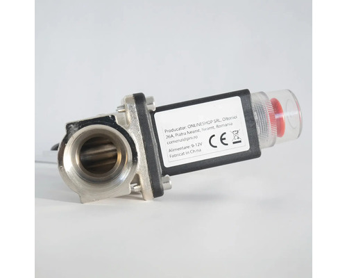 Electrovantila de gaz din metal cu buton de resetare manuală și conexiune pentru 9 până la 12 Volți.