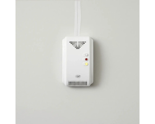 Detector de gaz PNI din plastic alb cu indicatoare luminoase, fante de ventilație și PNI Logo.