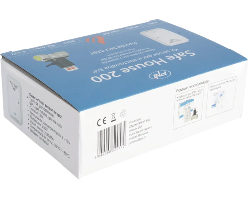 Set senzor de gaz și electrovalvă PNI Safe House 200, ambalaj cu detalii tehnice, cod de bare și logo PNI.