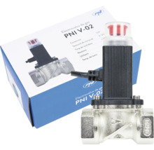 Electrovana de gaz PNI V-02 din metal cu actuator negru, buton de resetare manuală și cablu de conectare.
